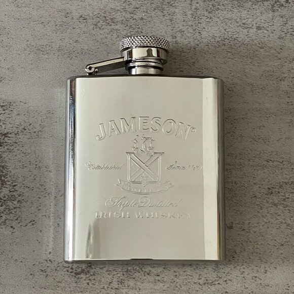 Jameson Irish Whiskey Hip Flask Stainless Steel 3 fl oz Hinged Screw Top Closure - Picture 1 of 6